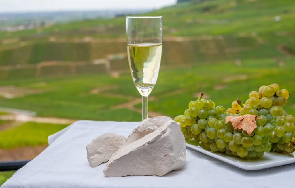 White chalk stones from Cote des Blancs near Epernay, region Champagne, France, glass of blanc de blancs champagne from grand cru vineyards in Cramant and white chardonnay grapes
