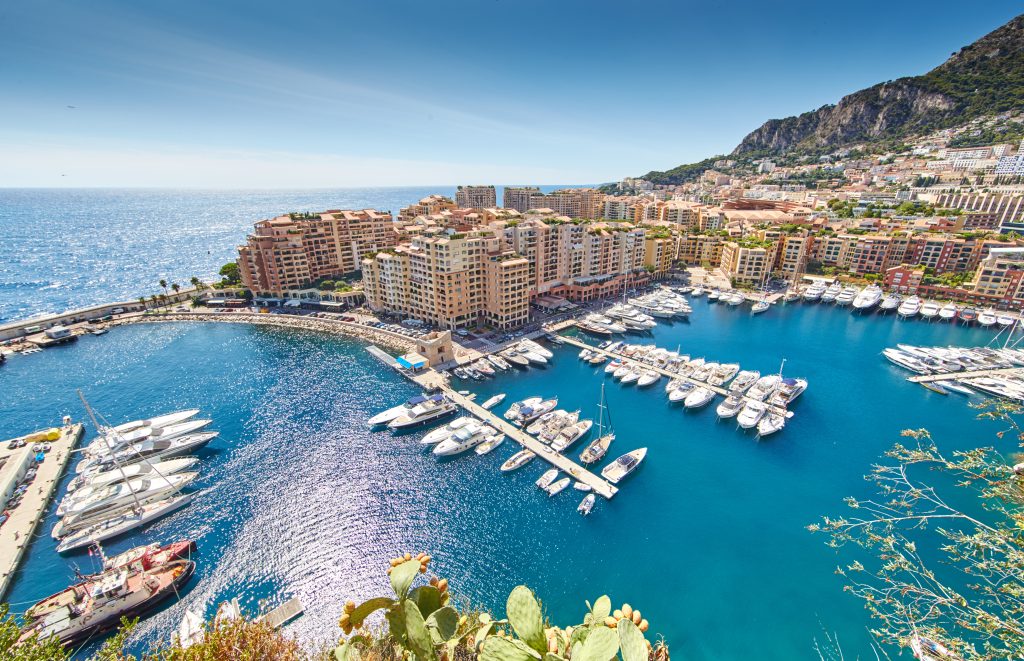 Monaco, Fontvieille, 29.08.2015: Port Fontvieille, panorama, top view, cap dail, monaco ville