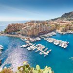 Monaco, Fontvieille, 29.08.2015: Port Fontvieille, panorama, top view, cap dail, monaco ville