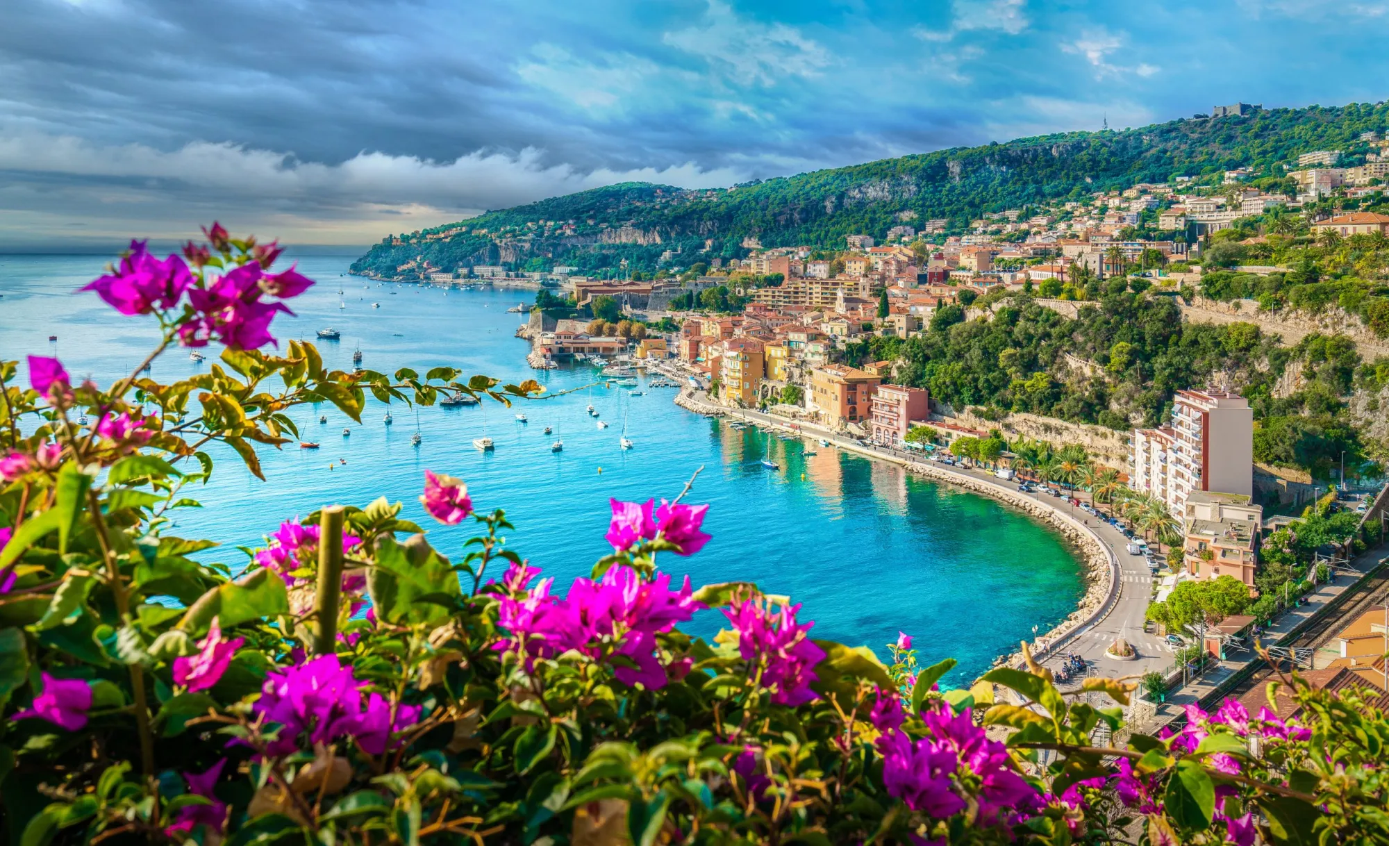 French Riviera coast with medieval town Villefranche sur Mer, Nice region, France