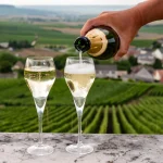 Tasting of brut and demi-sec white champagne sparkling wine from special flute glasses with Champagne vineyards on background near Cramant, France